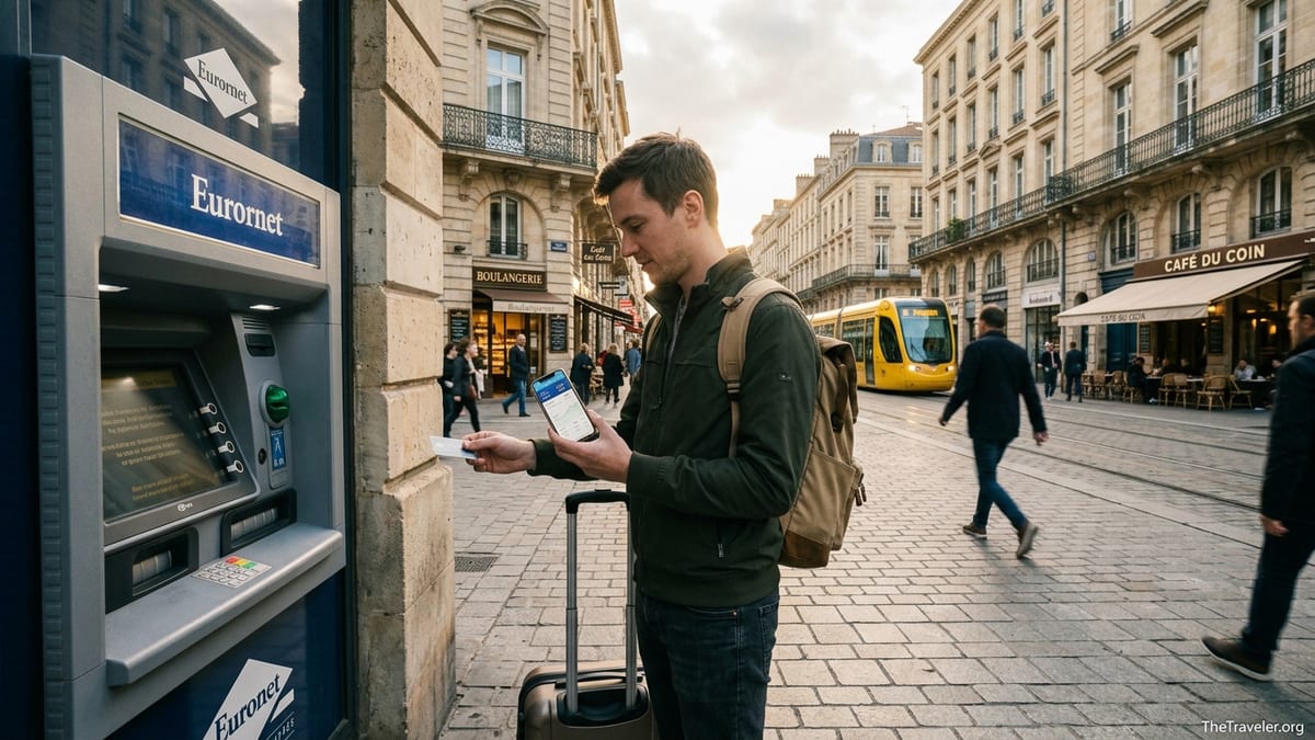 Traveler compares card and app fees while withdrawing cash at a European ATM.
