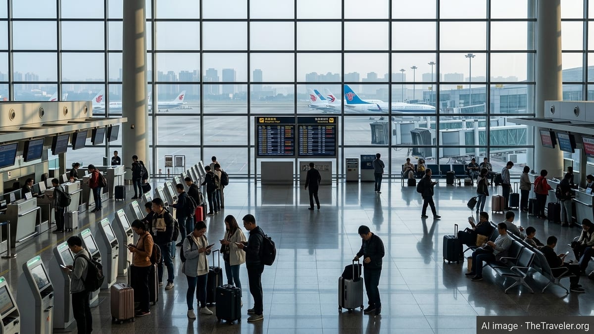 Travelers waiting in a busy Chinese airport terminal as departure boards show multiple cancelled flights.