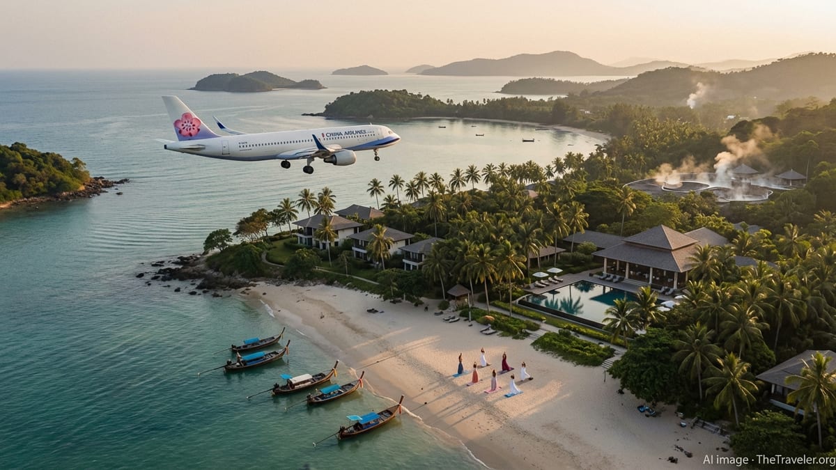 China Airlines jet descending over Thailand’s coastline with tranquil beaches and lush wellness resorts at sunset.