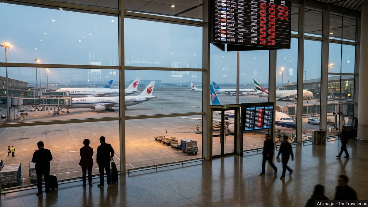 Travelers look out over Chinese airport gates as departure boards show multiple cancelled flights.