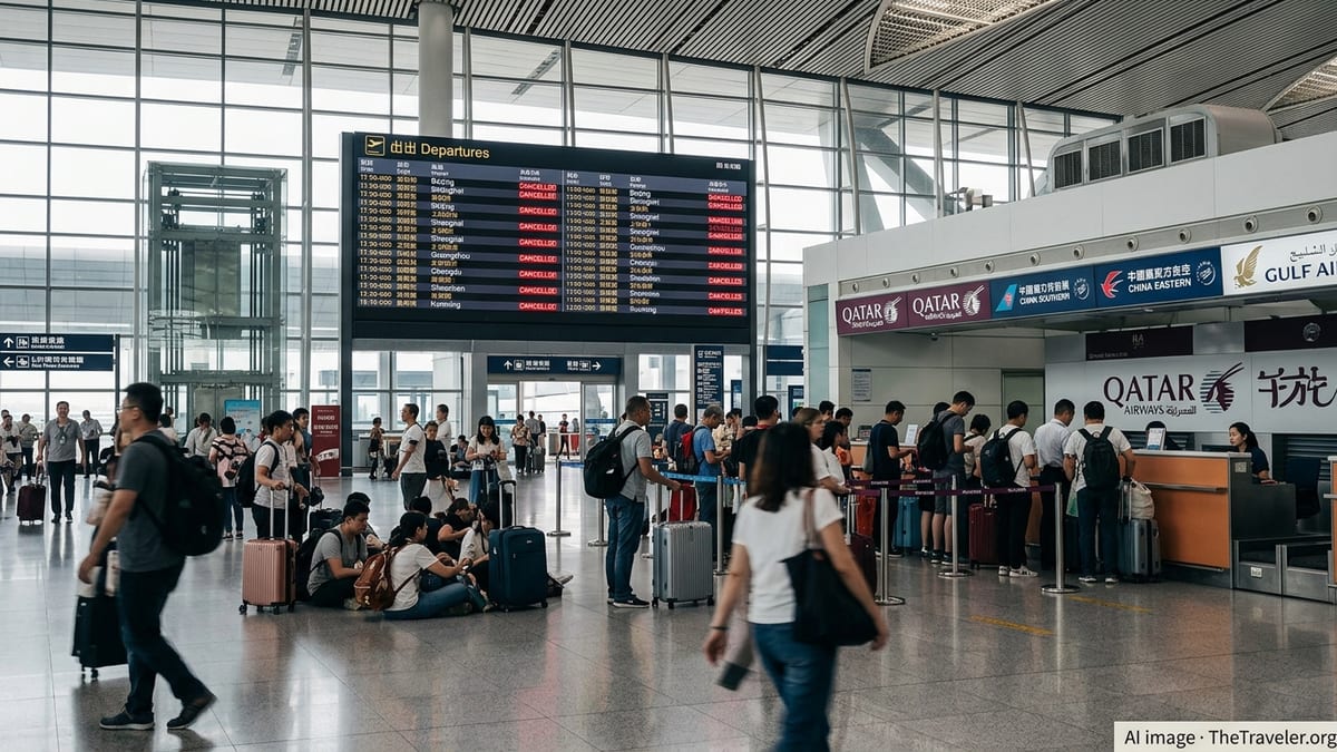 Travelers in a Chinese airport terminal standing beneath a departures board filled with cancelled international flights.