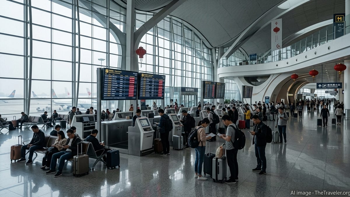 Travelers watch departure boards showing multiple cancellations in a busy Chinese airport terminal.