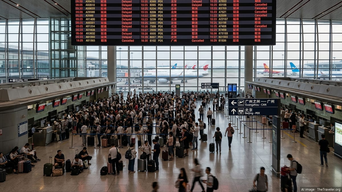 Crowded departure hall in a Chinese airport with a board full of delayed and canceled flights.