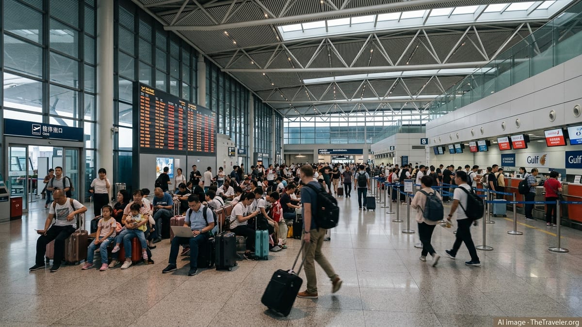 Crowded Chinese airport terminal with long queues as departure boards show multiple delayed and cancelled flights.