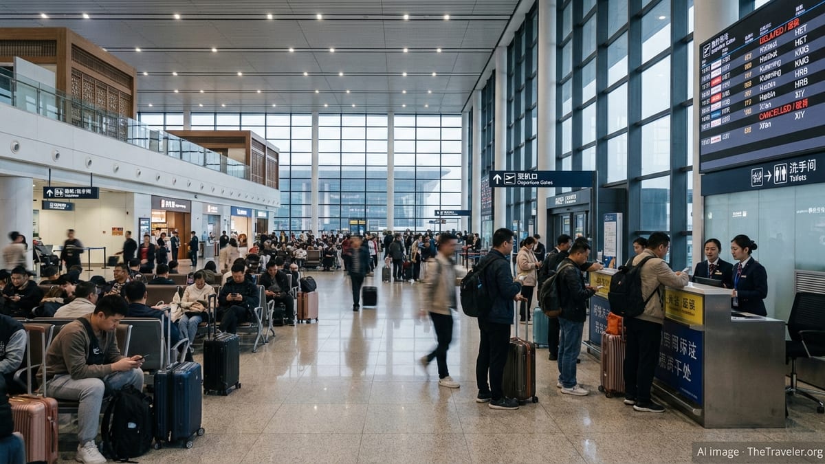 Stranded passengers waiting with luggage in a crowded Chinese airport terminal.