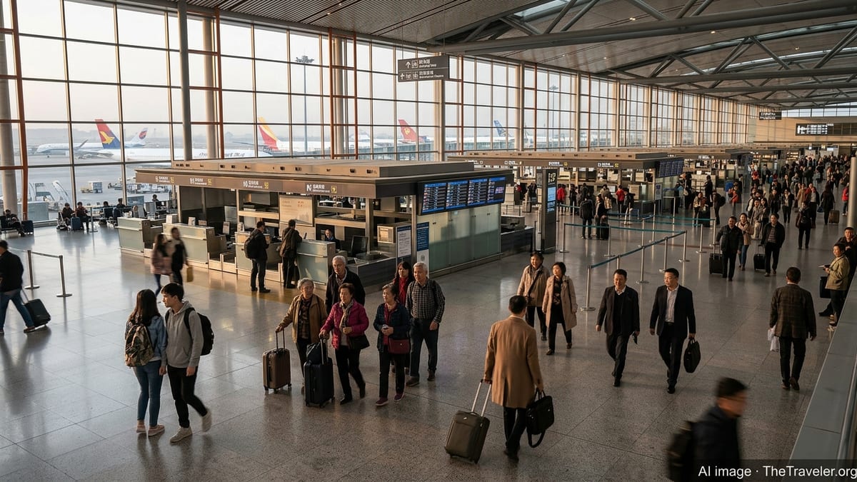 Travelers moving through a busy departure hall at a major Chinese airport at sunrise.