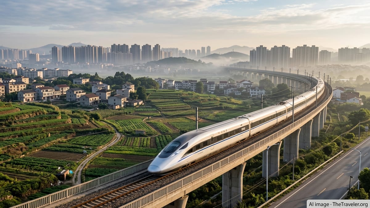 Fuxing high-speed train crosses an elevated viaduct near a Chinese city at sunrise.