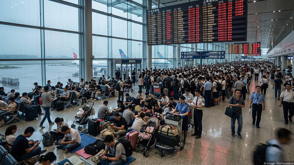 Crowded Chinese airport terminal with stranded passengers watching a departure board full of delayed and canceled flights.
