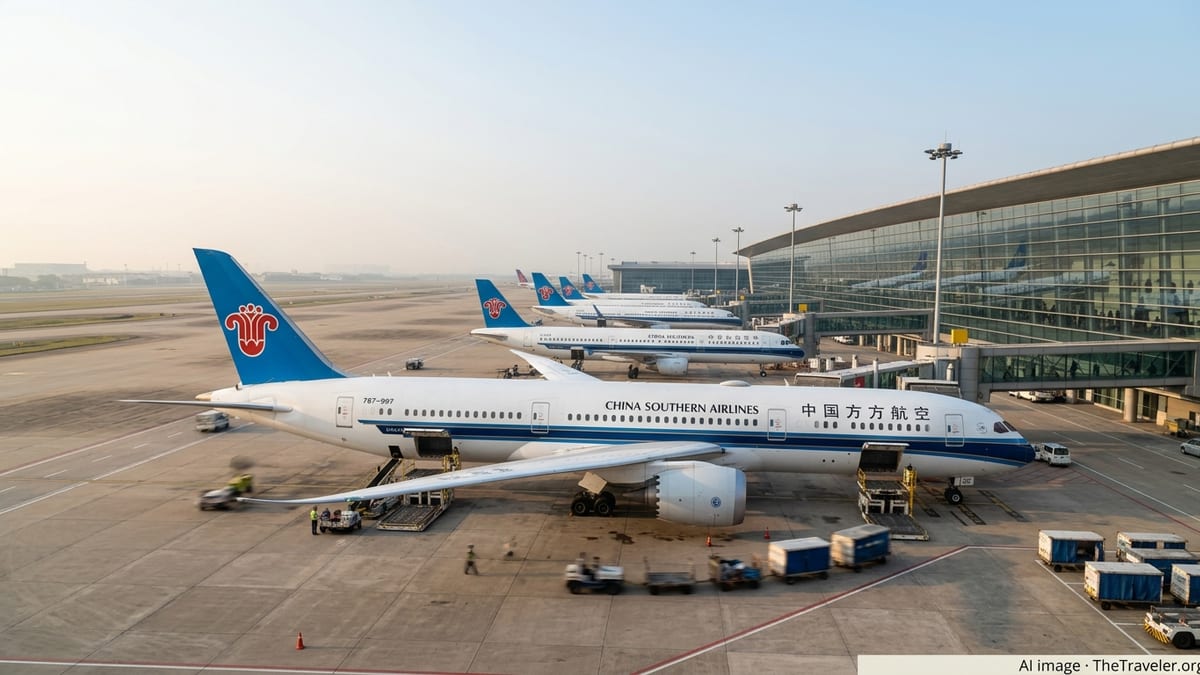 China Southern aircraft lined up at Guangzhou airport gates during sunrise.