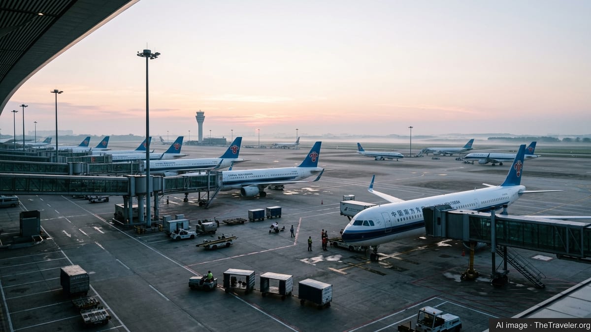 China Southern jets lined up at Guangzhou airport at sunrise, with crews preparing departures.