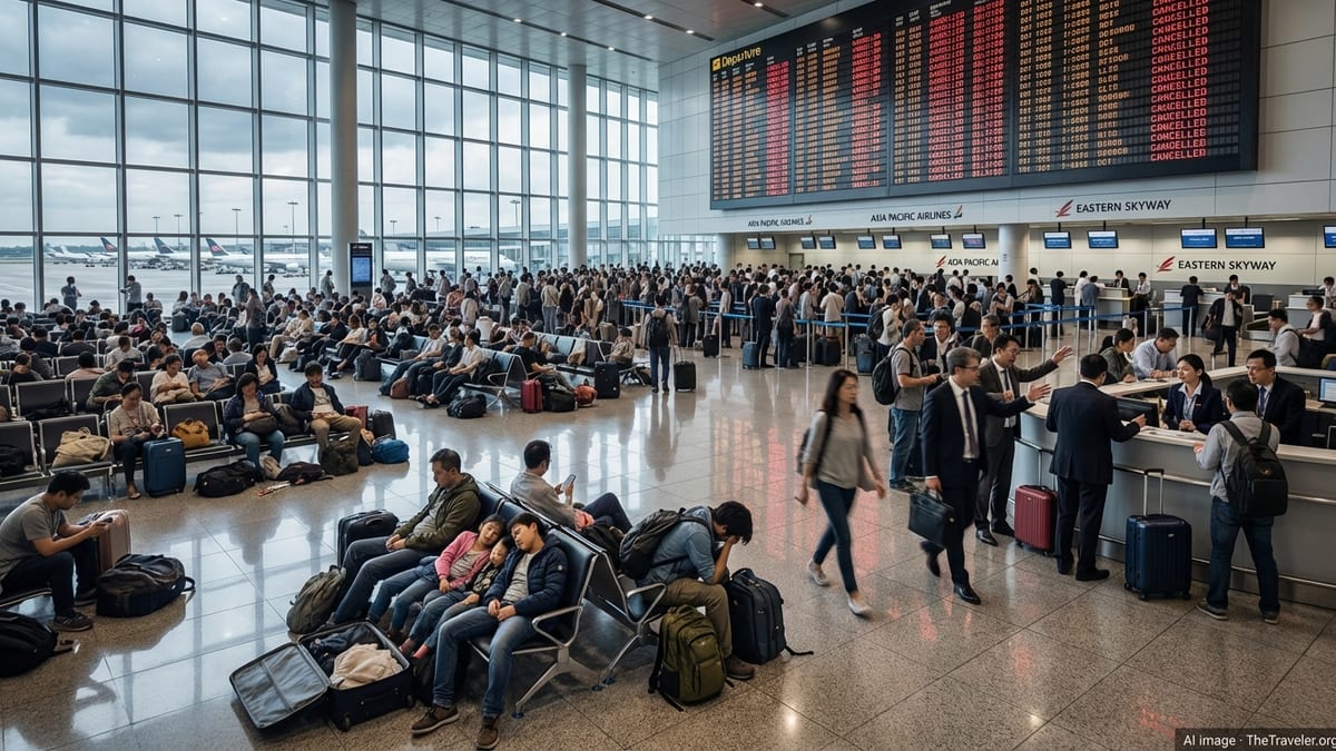 Crowded airport terminal with stranded passengers under a departure board of cancelled flights.