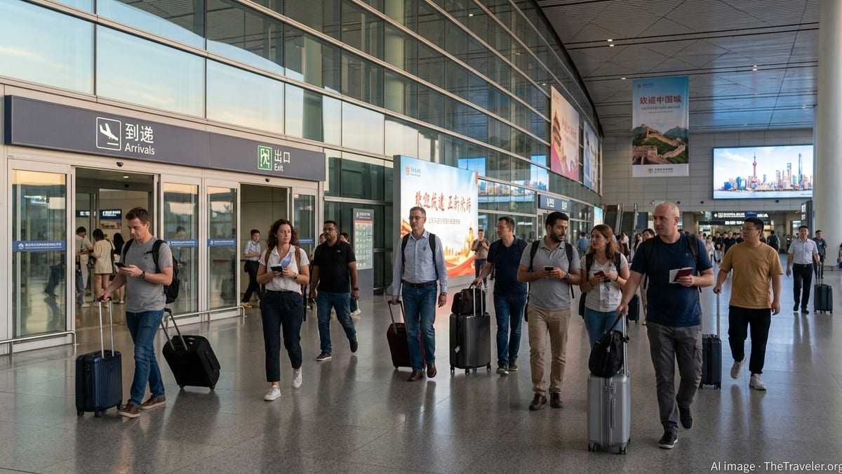International travelers walk through a modern Beijing airport arrivals hall under visa-free entry signs.