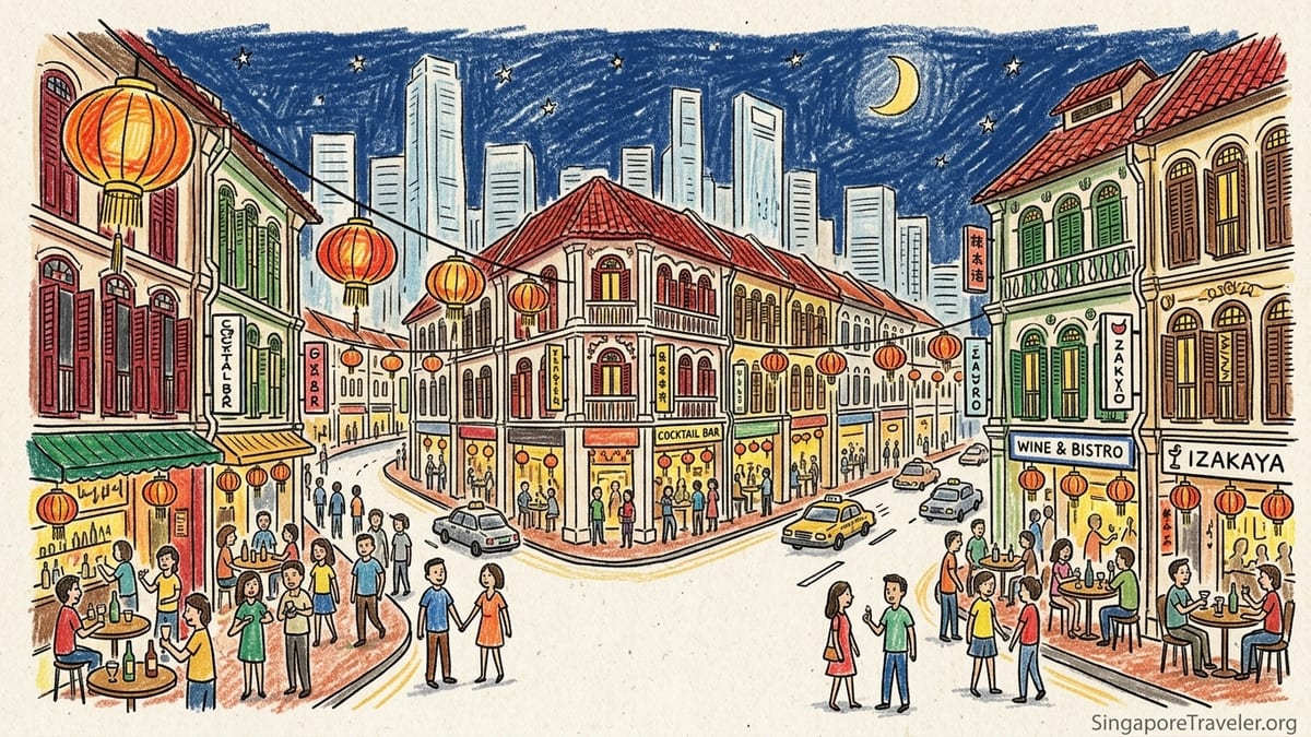 Evening bar scene along shophouses at Ann Siang Hill and Club Street in Chinatown Singapore.