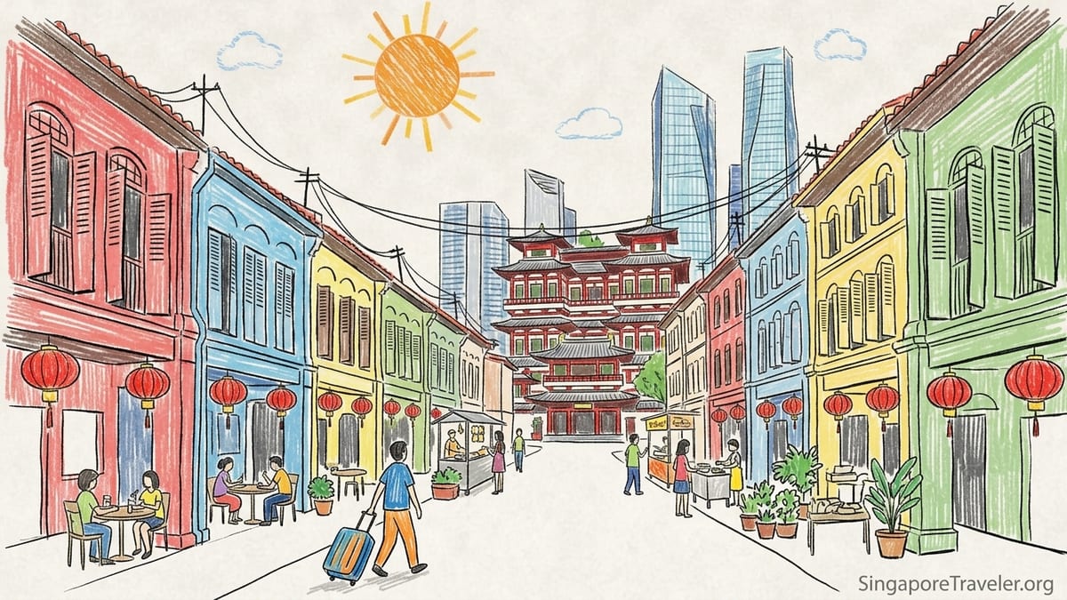 Conserved shophouse boutique hotels on a lively evening street in Singapore Chinatown.