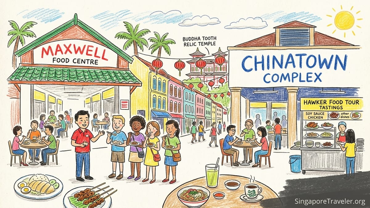 Evening food tour group eating at crowded Maxwell Food Centre in Singapore Chinatown.