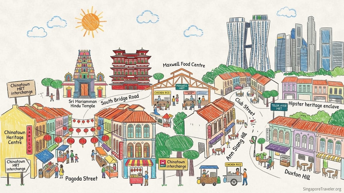 Street view of Singapore Chinatown shophouses, temples and lanterns with people walking and eating outdoors.