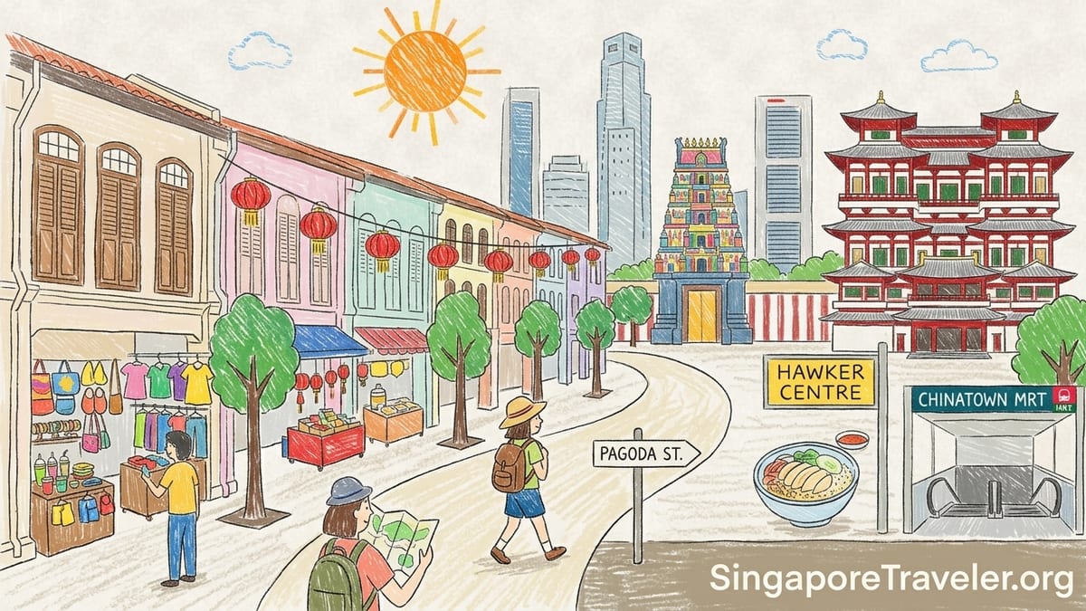 Pedestrians walking along Pagoda Street in Singapore Chinatown toward the Buddha Tooth Relic Temple.