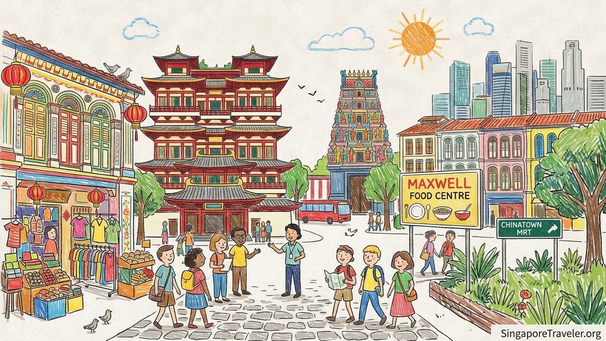 Small tour group with guide walking past the Buddha Tooth Relic Temple in Singapore’s Chinatown at golden hour.