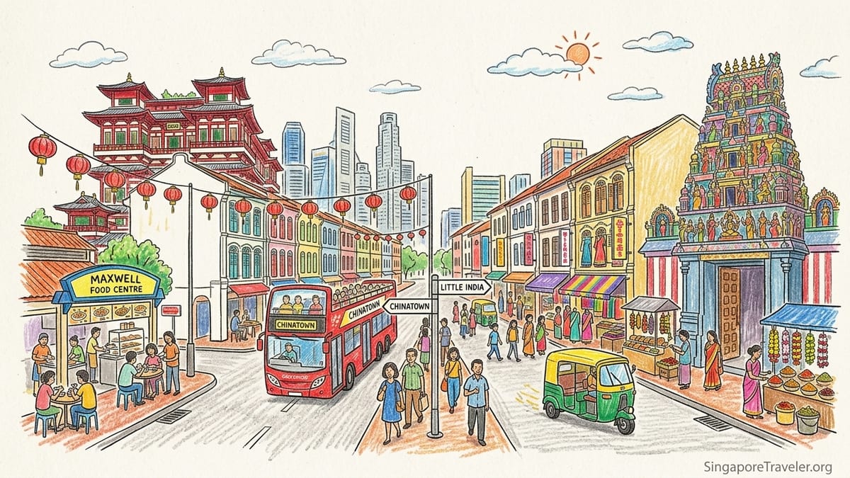 Street scenes of Singapore Chinatown and Little India showing shophouses, temples and people walking and eating.