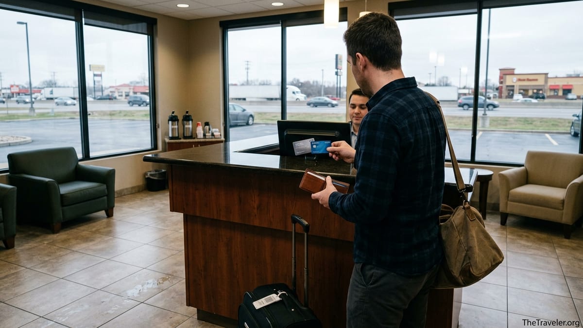 Traveler at a midscale hotel front desk comparing two credit cards in a modest lobby.