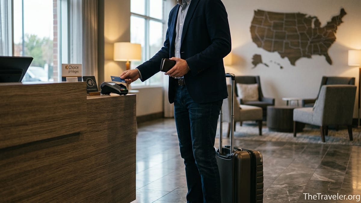 Traveler tapping a credit card at a modern hotel front desk with luggage in view.