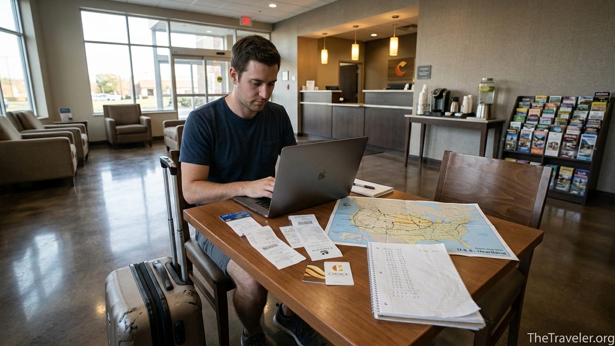 Traveler in a Choice-style hotel lobby reviewing credit card points and trip plans at a table.