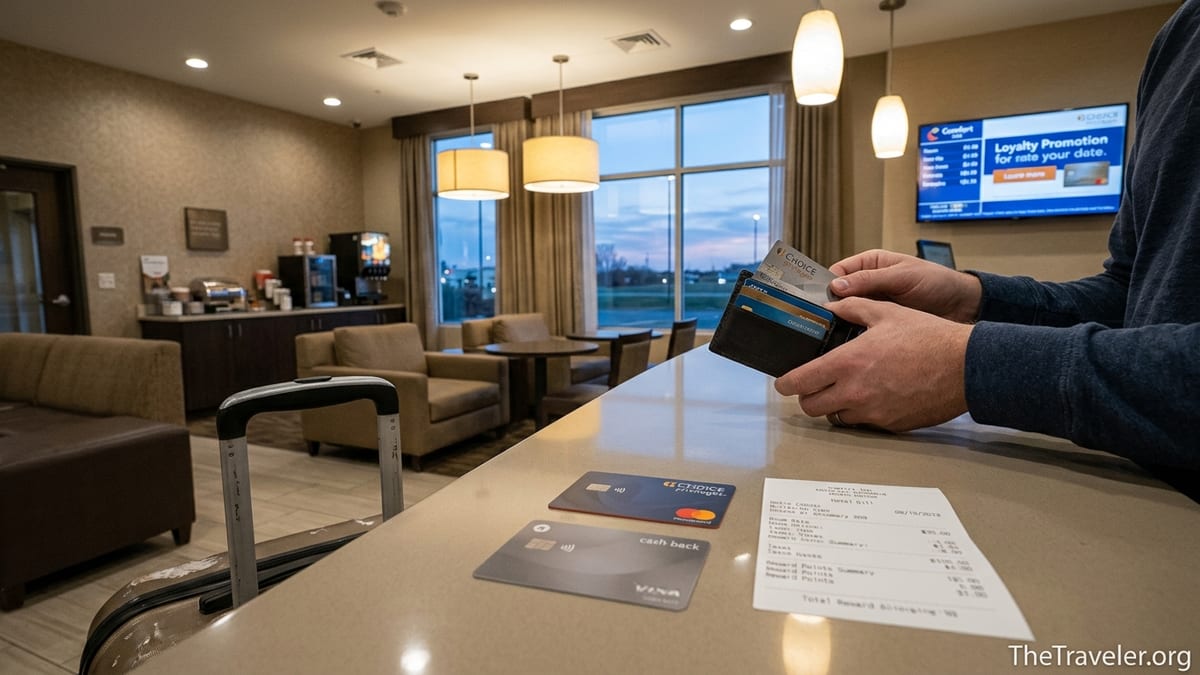 Traveler choosing between credit cards at a midscale hotel check-in counter.