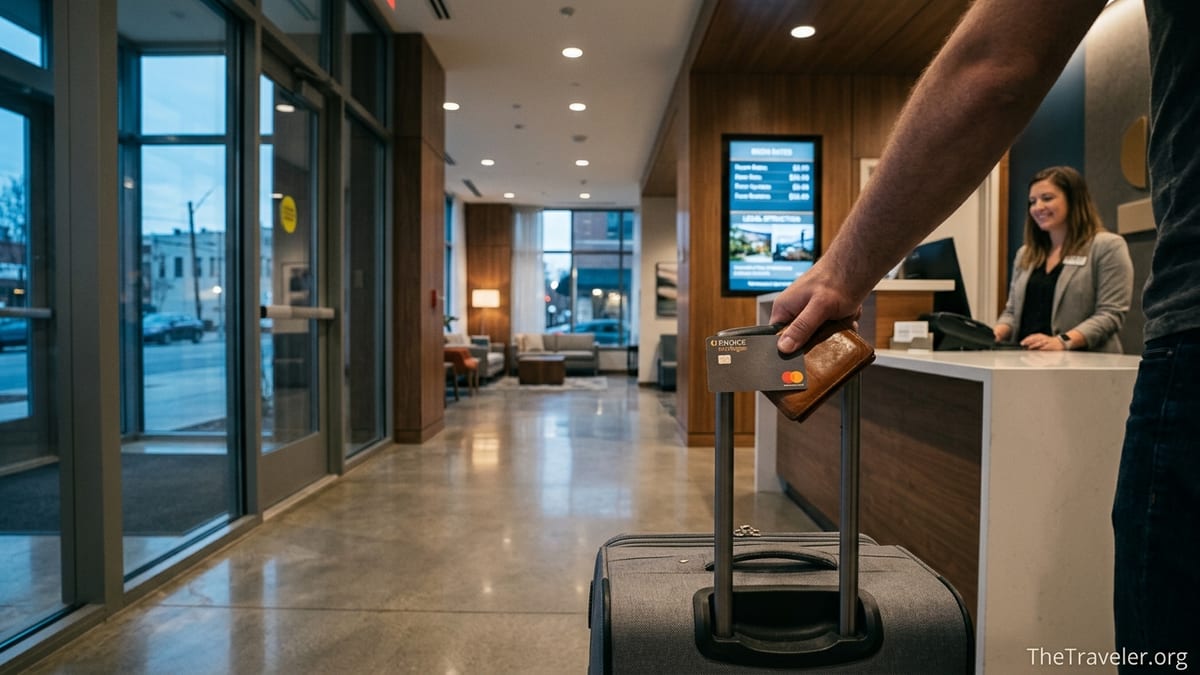 Traveler paying with a Choice Privileges Mastercard at a modern hotel front desk