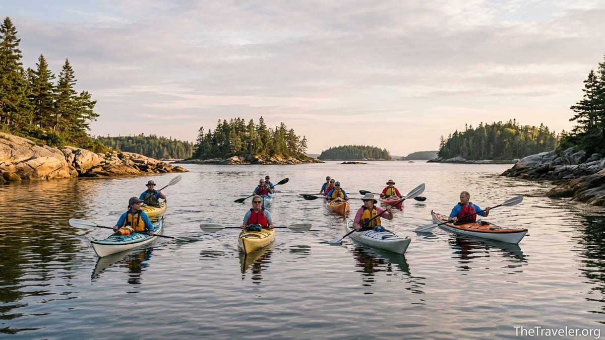 Guided group of sea kayakers paddling near pine-covered islands on calm coastal water at sunset.