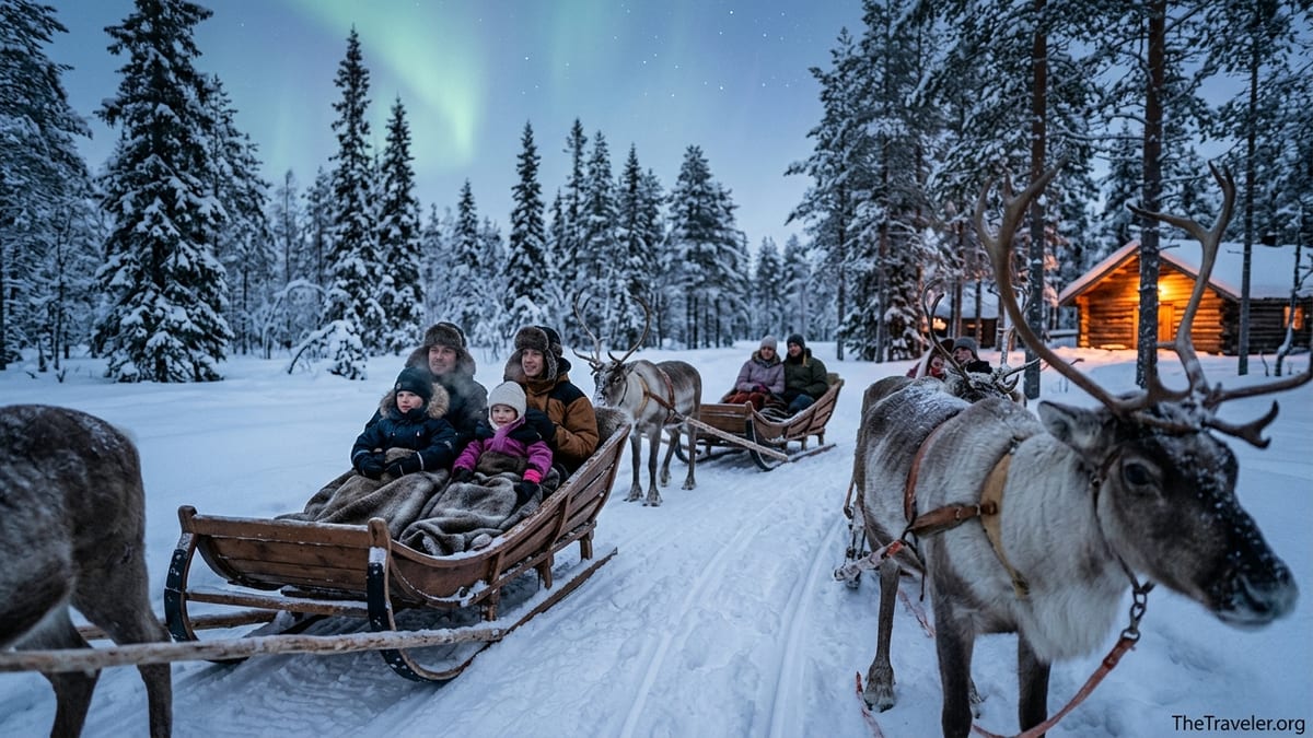 Families and couples riding reindeer sleighs through a snowy Lapland forest at twilight.