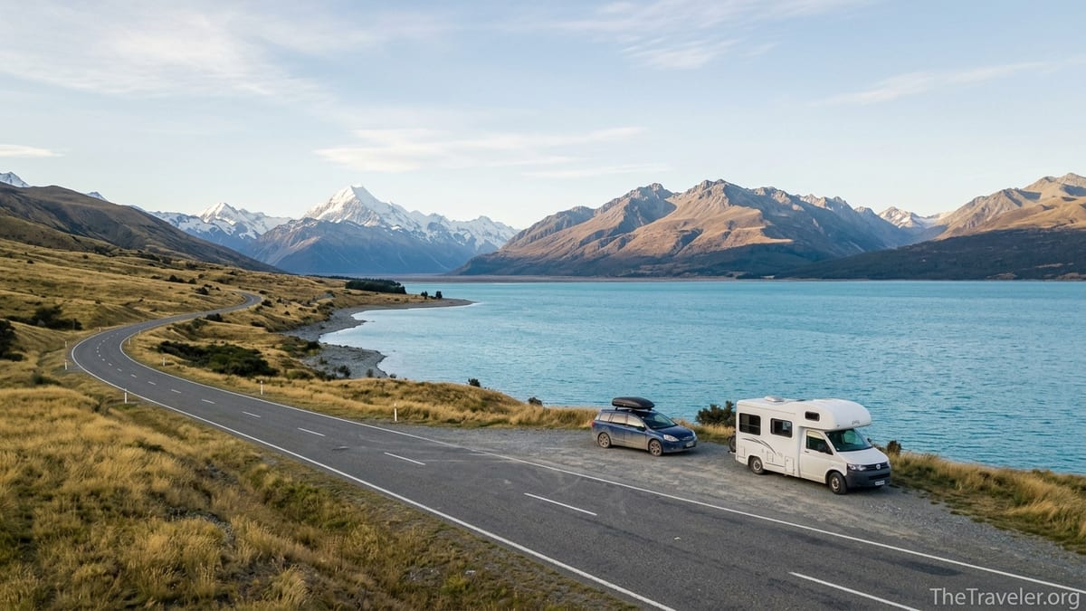 Scenic highway above Lake Pukaki with campervan and car facing Aoraki Mount Cook on a clear day.