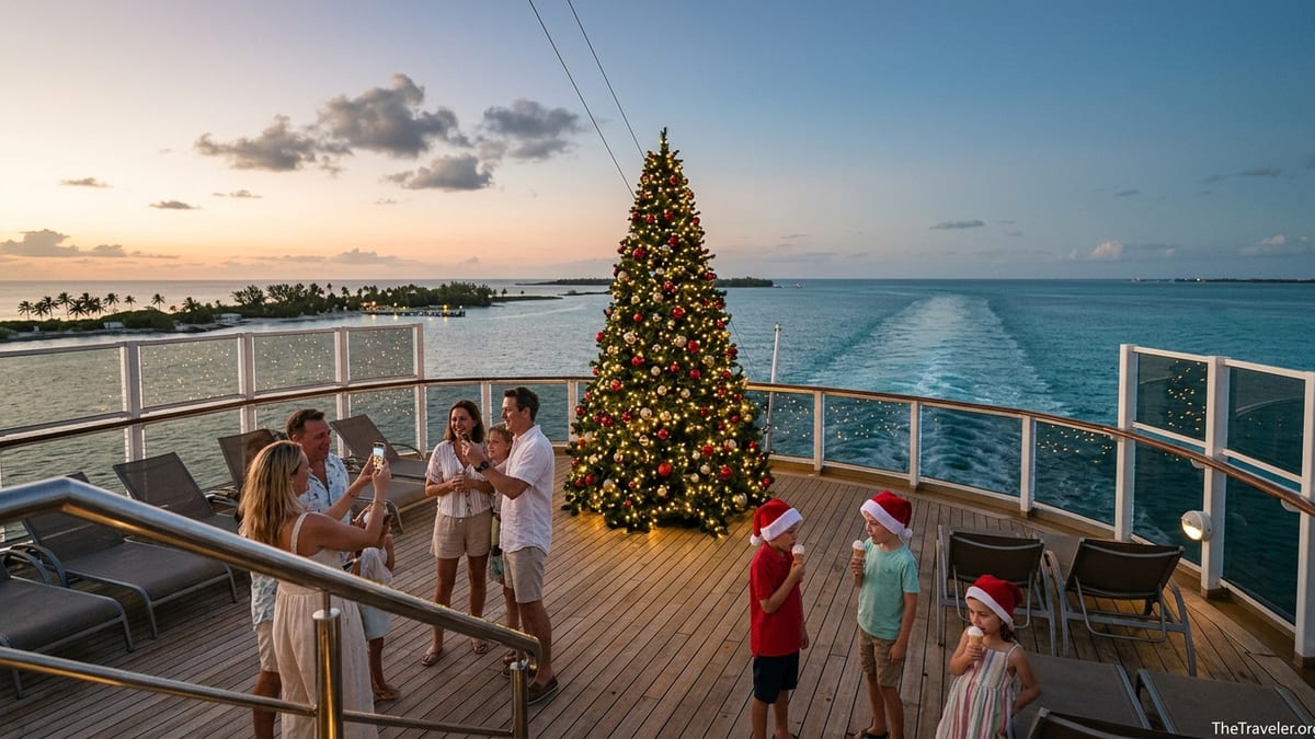 Families enjoy a Christmas evening on the deck of a cruise ship at sea.