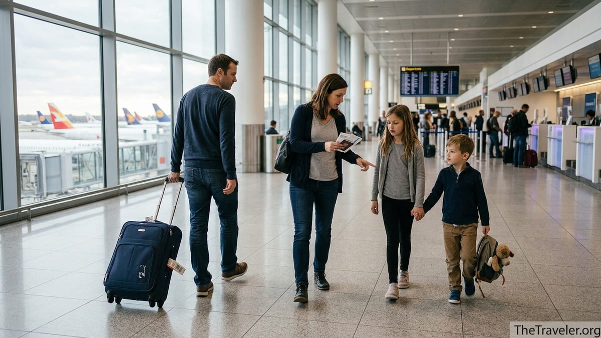 Family with children walking through an airport terminal reviewing travel insurance documents.