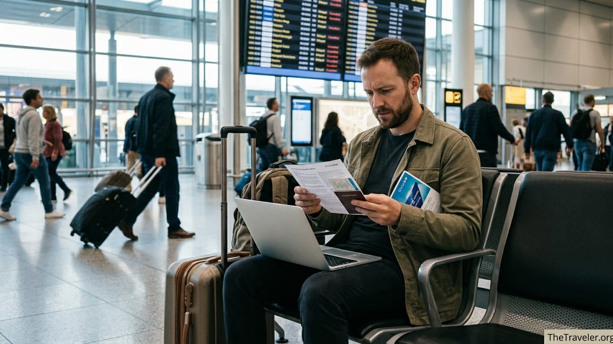 Traveler at an airport reading travel insurance documents with a concerned expression.