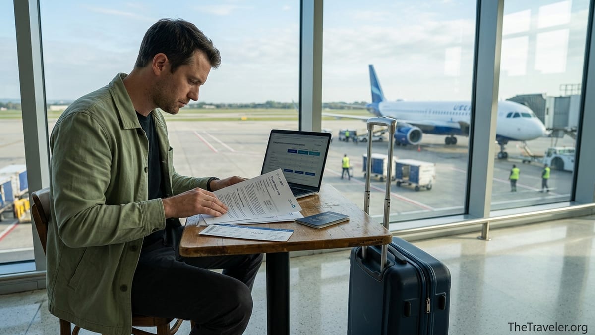 Traveler in an airport lounge comparing Chubb travel insurance documents before a flight.