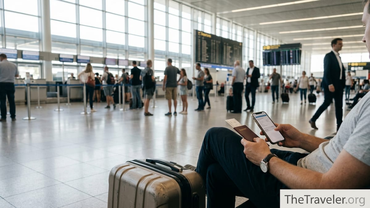 Traveler checking travel insurance details on phone in a busy airport departures hall.