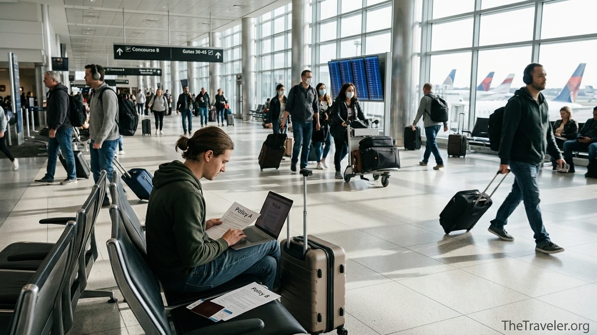 Traveler in airport comparing printed travel insurance documents before a flight.