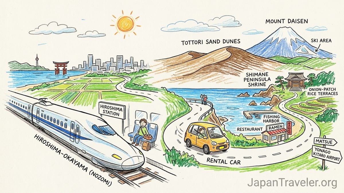 Compact rental car on a rural Chugoku mountain road overlooking farms and Mount Daisen.