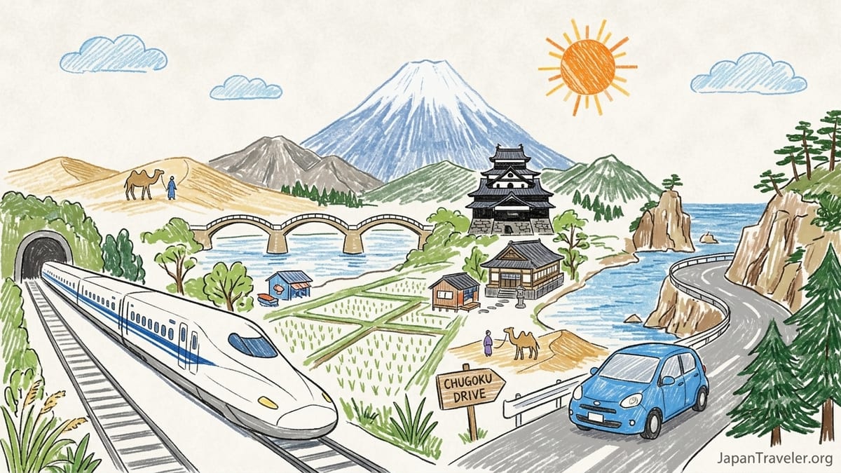 Coastal road in Japan’s Chugoku region curving along the sea with hills and a small fishing village.