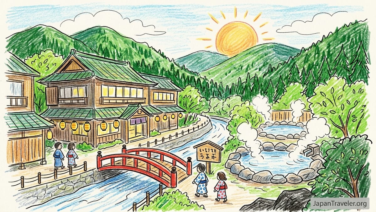 Riverside ryokan and lantern-lit onsen baths at dusk in a Chugoku hot spring town.