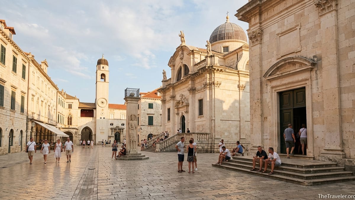 Golden hour view of Dubrovnik’s Church of St Blaise and Luža Square with people on the steps.