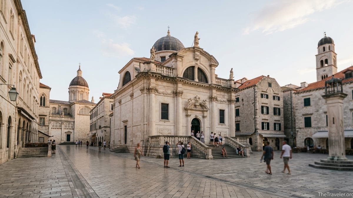 Church of St Blaise overlooking Dubrovnik’s Luža Square with walkers in soft afternoon light.