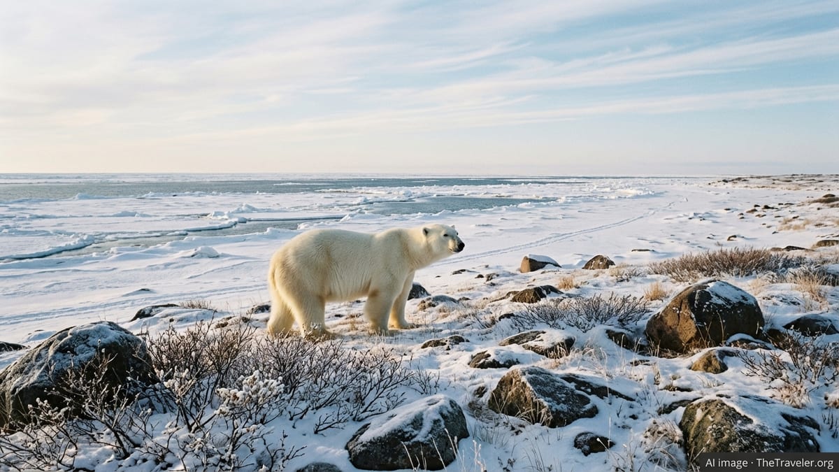 Polar bear on snowy tundra near the icy shore of Hudson Bay outside Churchill, Manitoba.