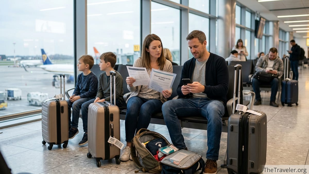 Family with children reviewing travel documents in a bright airport departure lounge.