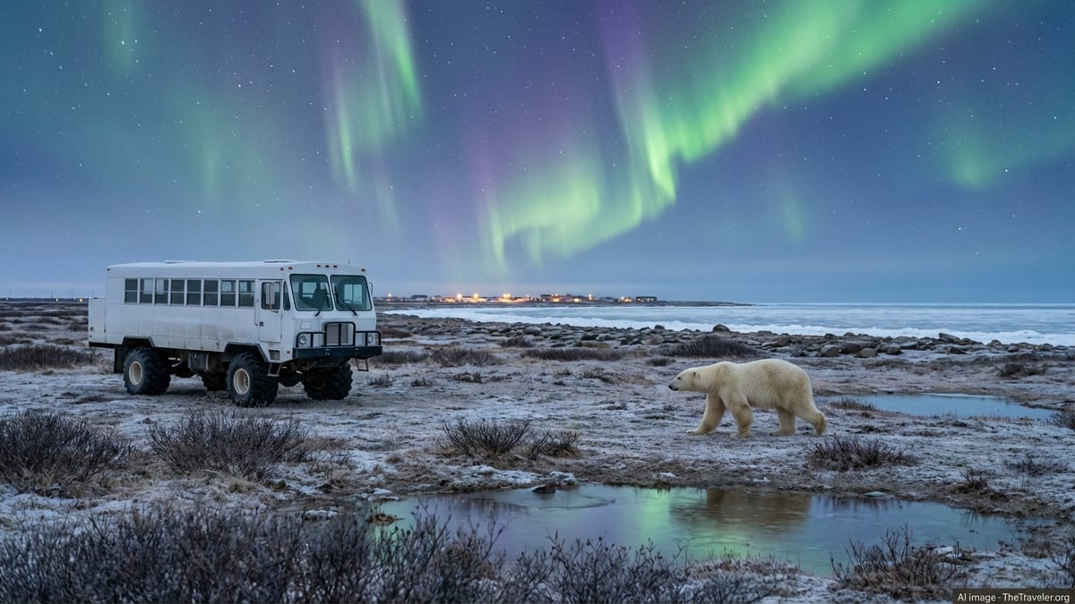 Polar bear on Churchill tundra under northern lights beside an elevated tundra vehicle.
