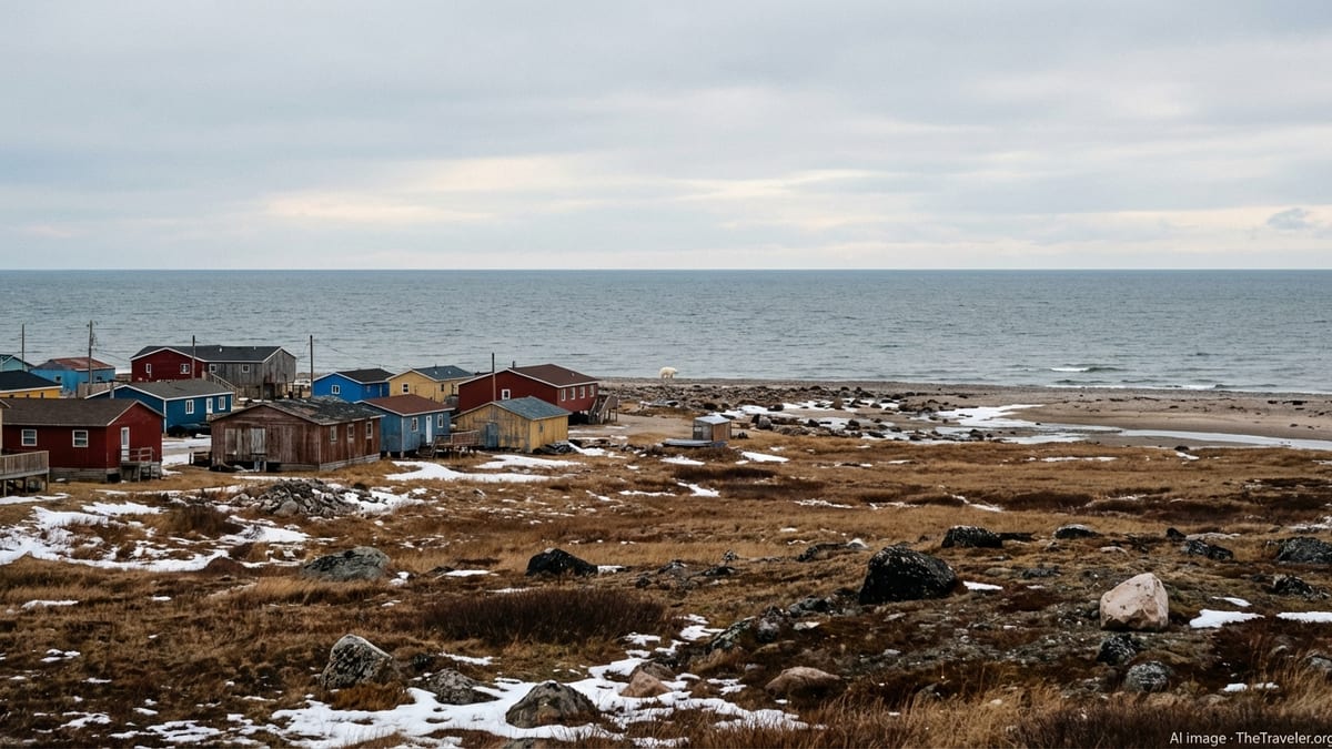 Autumn view of Churchill, Manitoba on Hudson Bay with tundra foreground and distant polar bear on the shoreline.