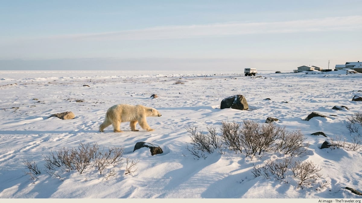 Polar bear walking across snowy tundra near Churchill with a distant tundra vehicle and Hudson Bay horizon.