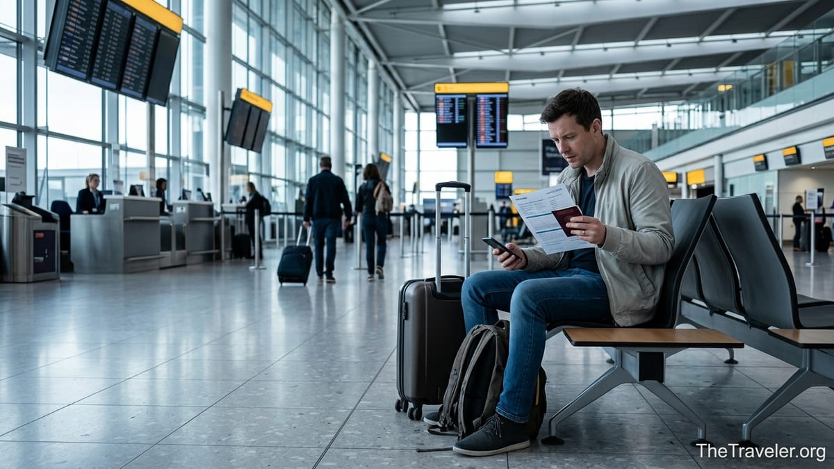 Traveller at a European airport reviewing travel insurance documents before departure.