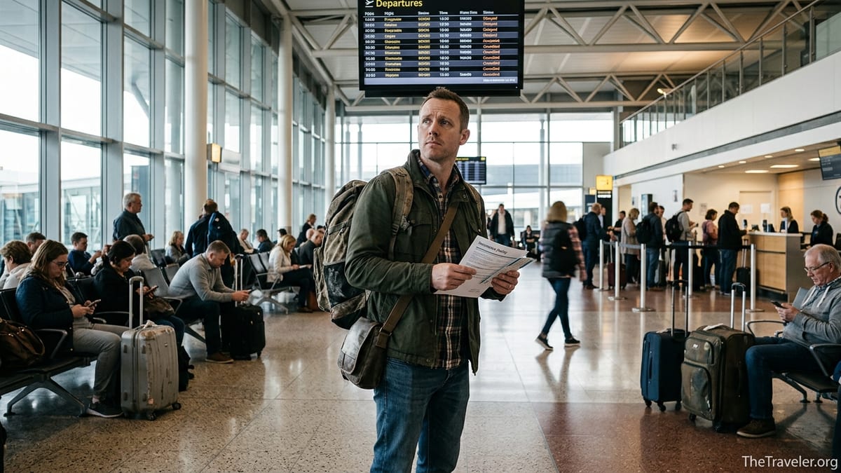 Concerned traveller reading insurance papers in a busy airport departures hall.