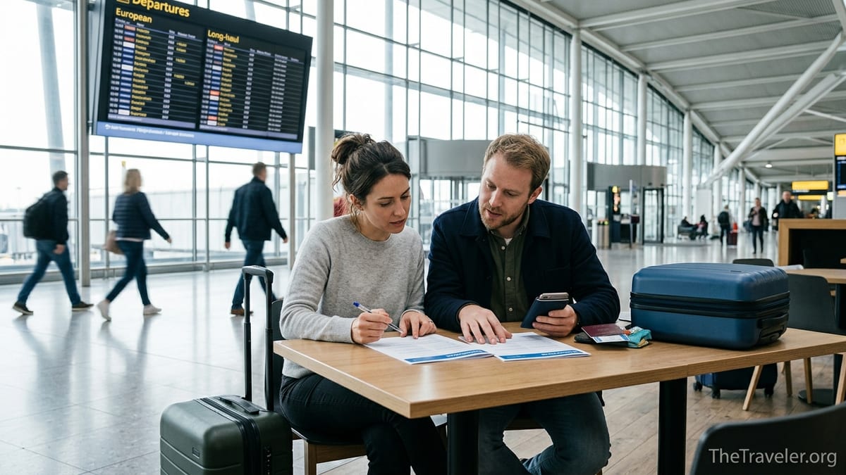 Travellers in an airport reviewing travel insurance documents before a flight.